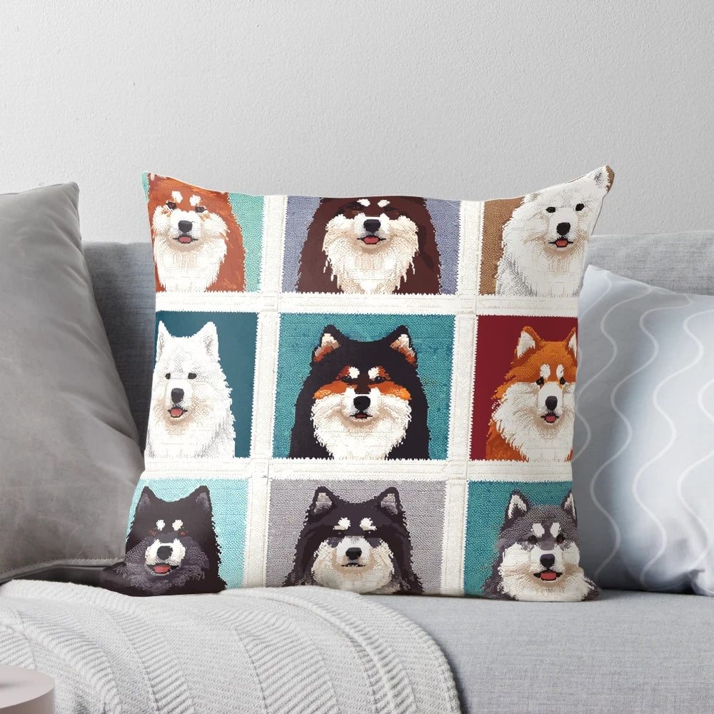 Crotchet illustration of a Finnish Lapphund dog on a decorative throw pillow