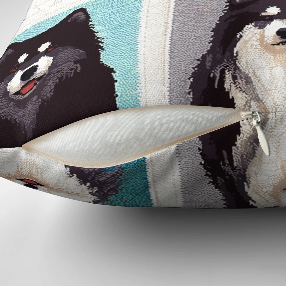 Crotchet illustration of a Finnish Lapphund dog on a decorative throw pillow