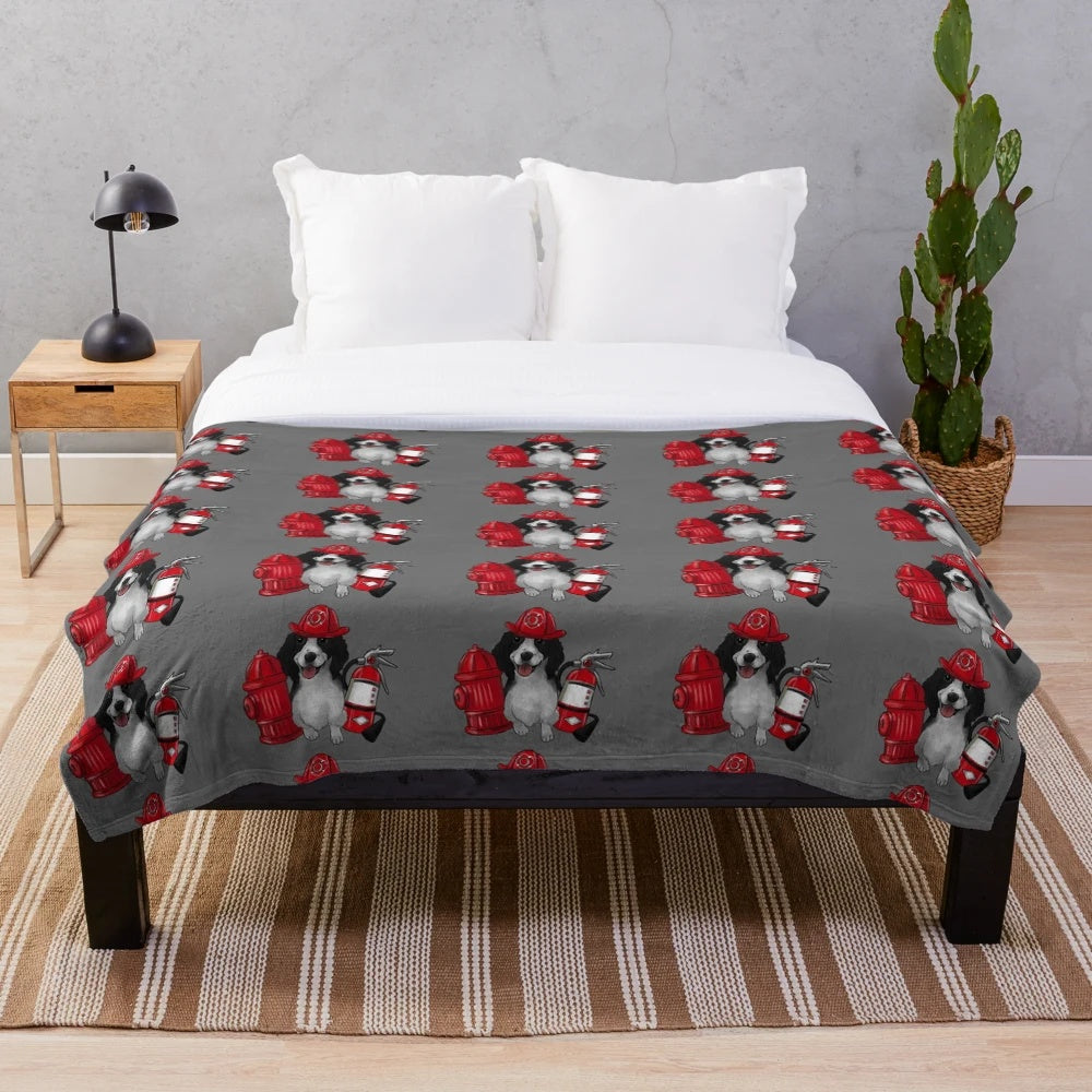 Cute illustration of a firefighter dog on a plush blanket