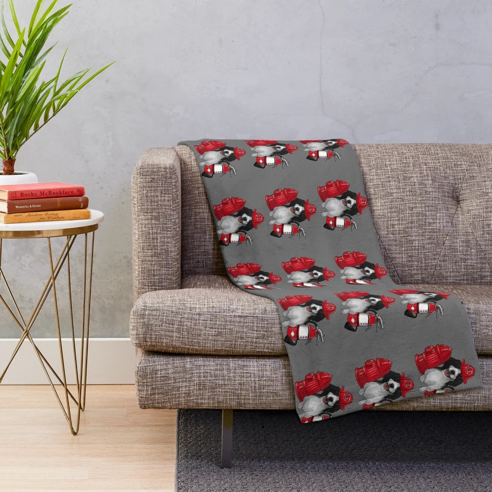Cute illustration of a firefighter dog on a plush blanket