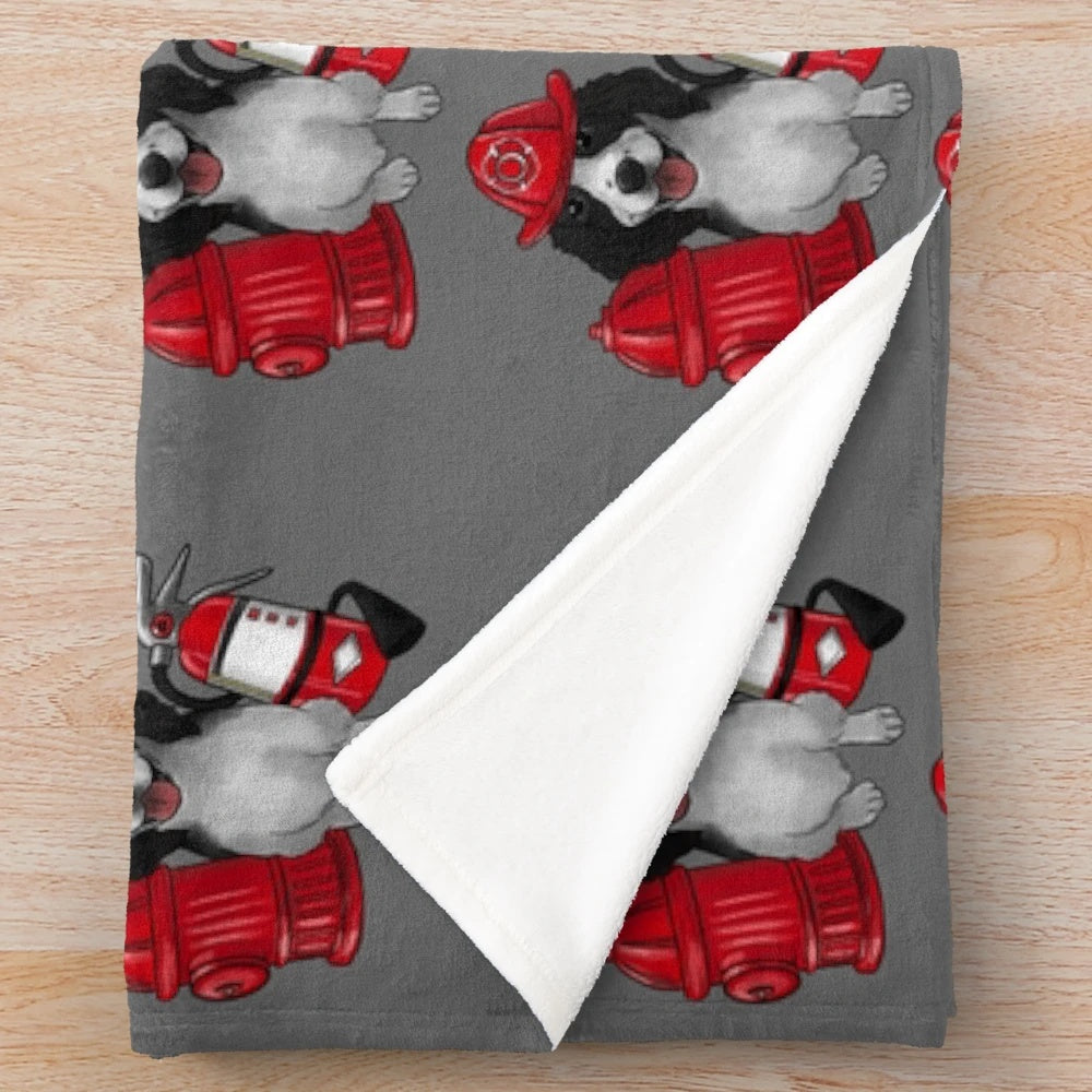 Cute illustration of a firefighter dog on a plush blanket