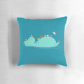 Plush All Aboard Pillow featuring a hippo and bird floating together on a river