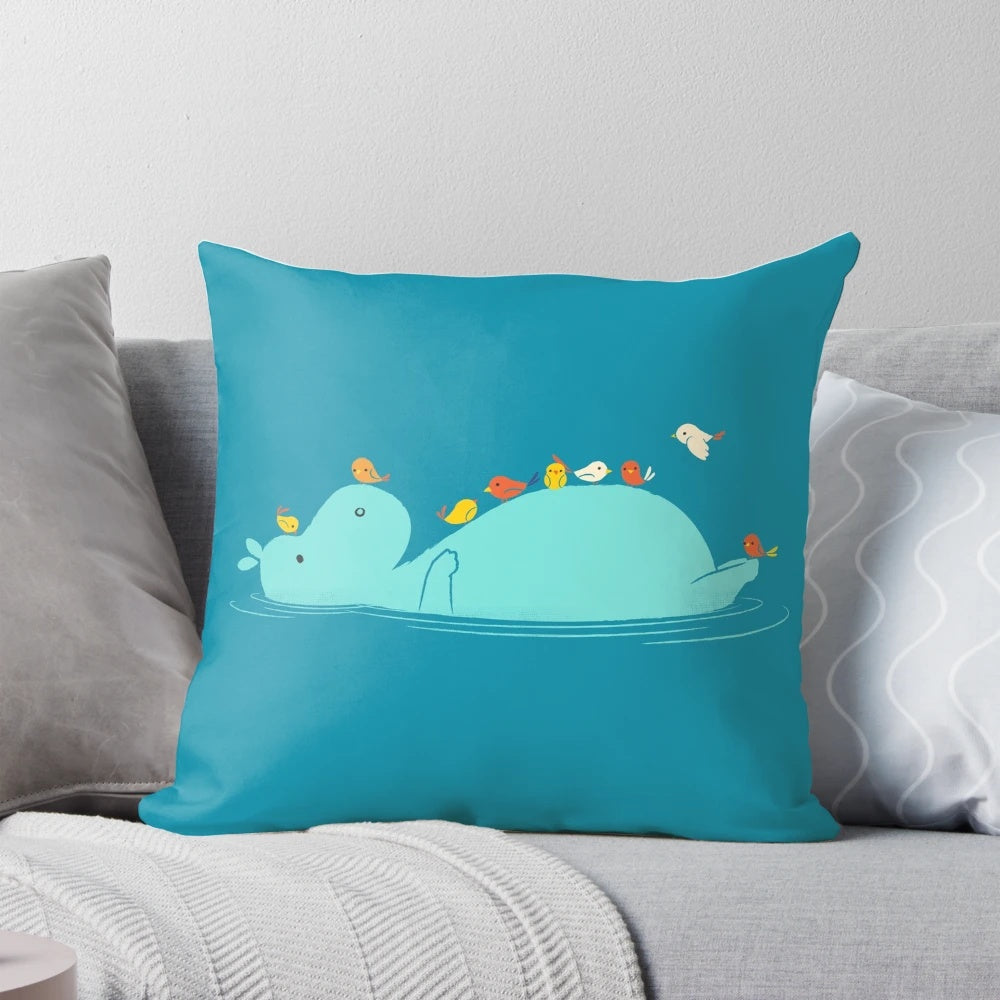 Plush All Aboard Pillow featuring a hippo and bird floating together on a river