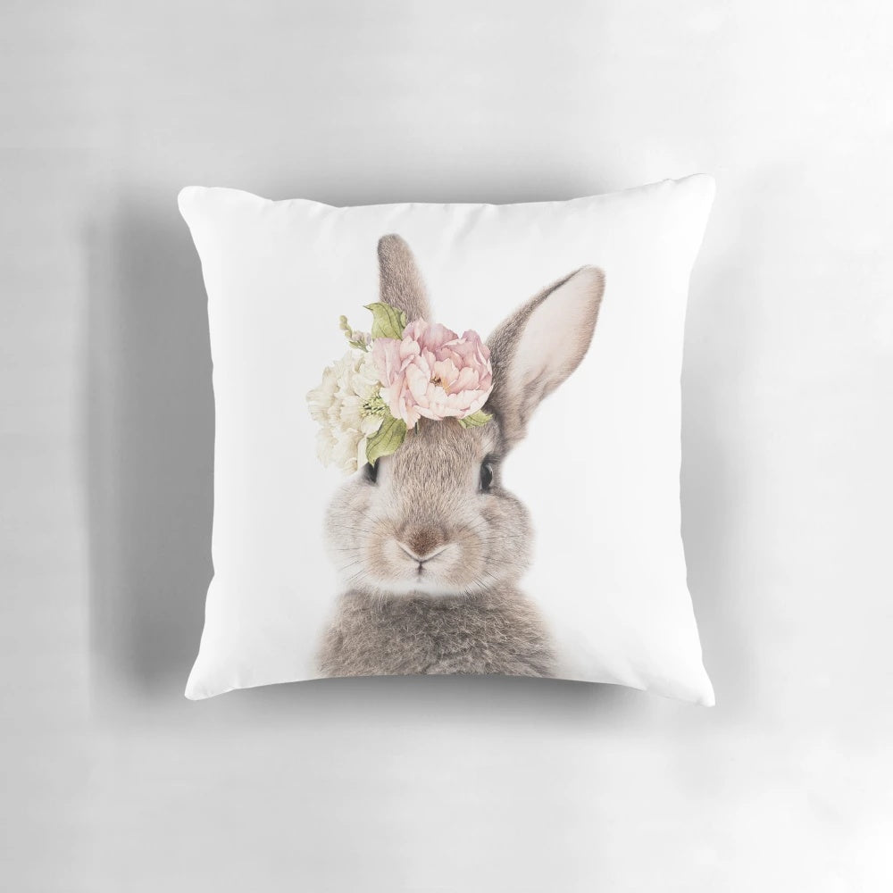 Whimsical floral bunny decorative throw pillow in pastel colors
