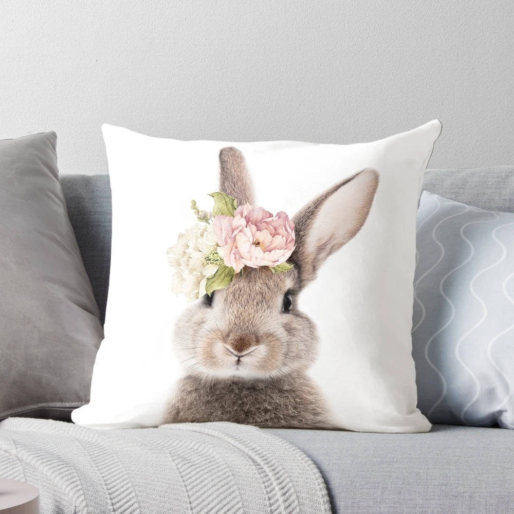 Whimsical floral bunny decorative throw pillow in pastel colors
