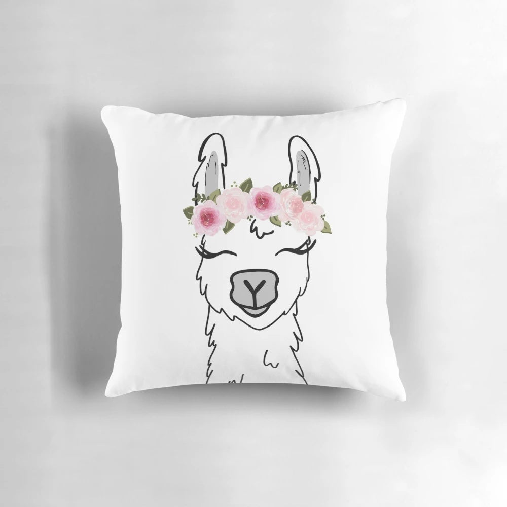 Soft, plush pillow featuring a llama wearing a beautiful floral crown