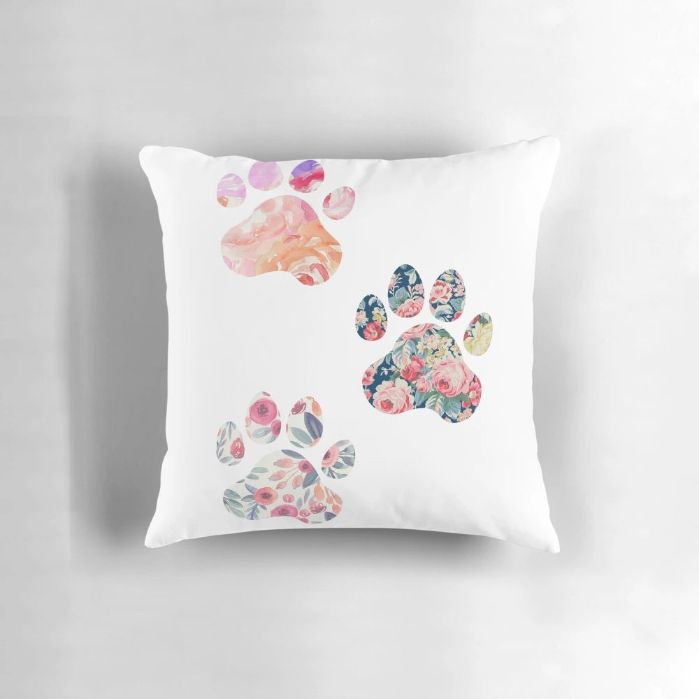 Soft, plush pillow featuring a trio of cute floral paw prints, perfect for dog owners and animal lovers.