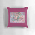 Soft, cuddly pillow featuring a friendly flower dragon with pink and green scales, picking a bouquet of flowers.