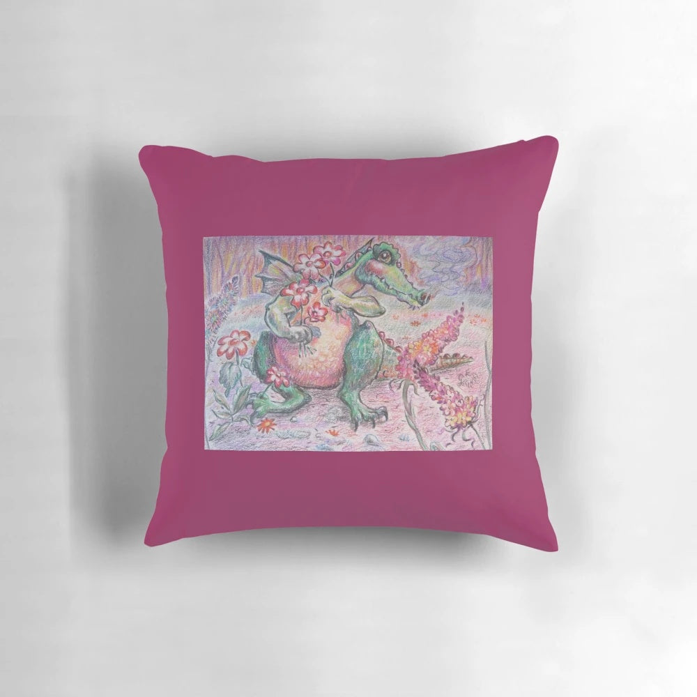 Soft, cuddly pillow featuring a friendly flower dragon with pink and green scales, picking a bouquet of flowers.
