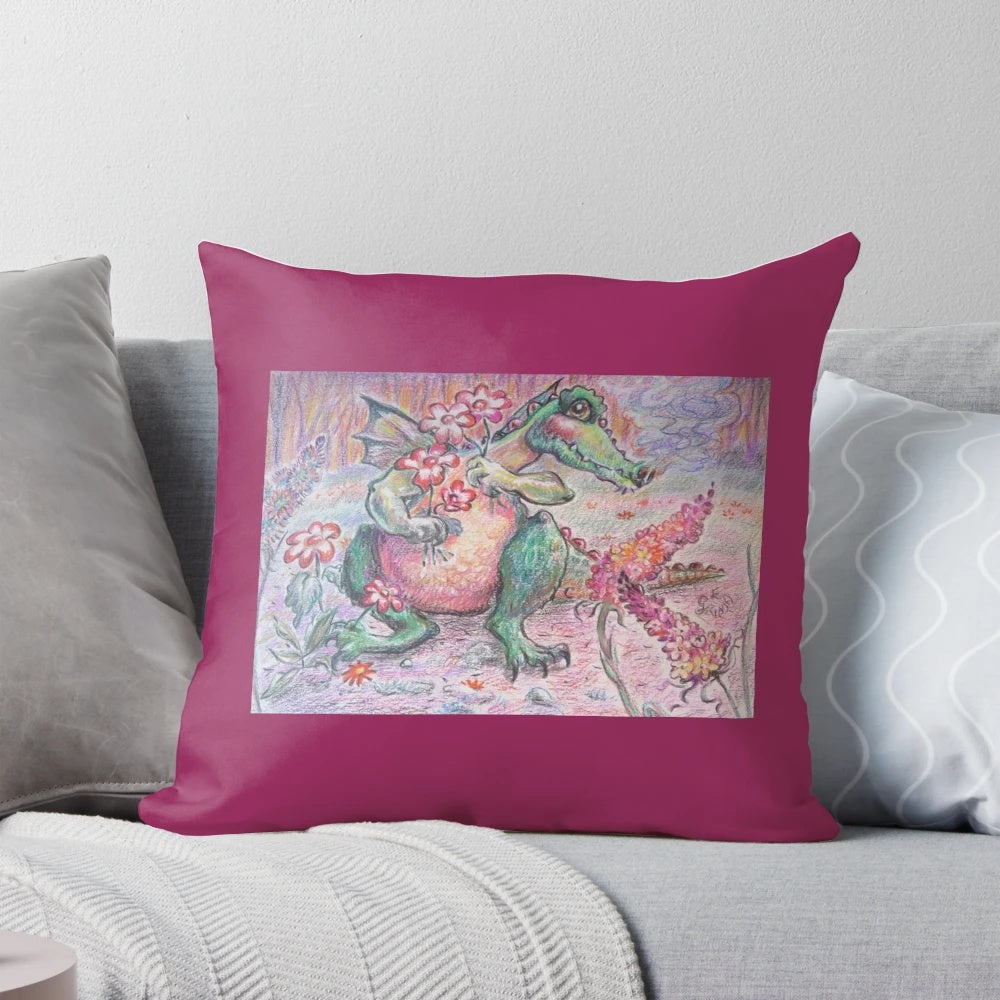 Soft, cuddly pillow featuring a friendly flower dragon with pink and green scales, picking a bouquet of flowers.