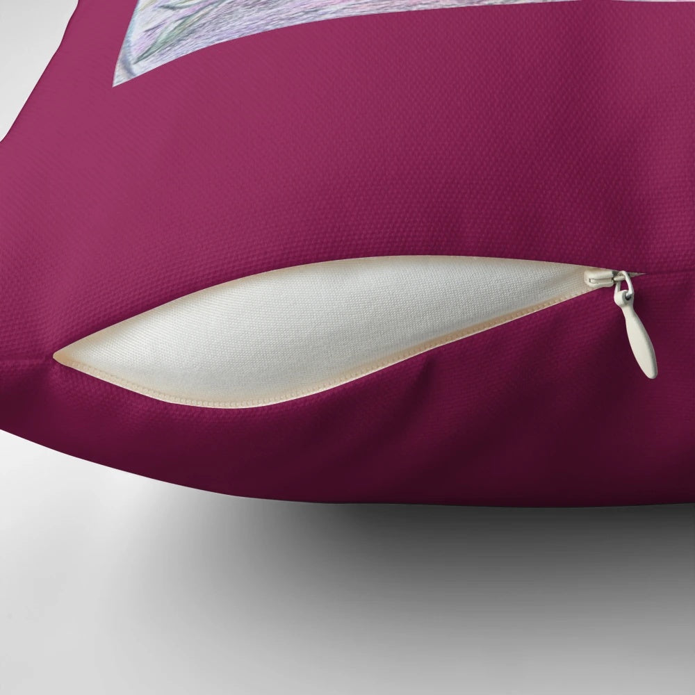 Soft, cuddly pillow featuring a friendly flower dragon with pink and green scales, picking a bouquet of flowers.