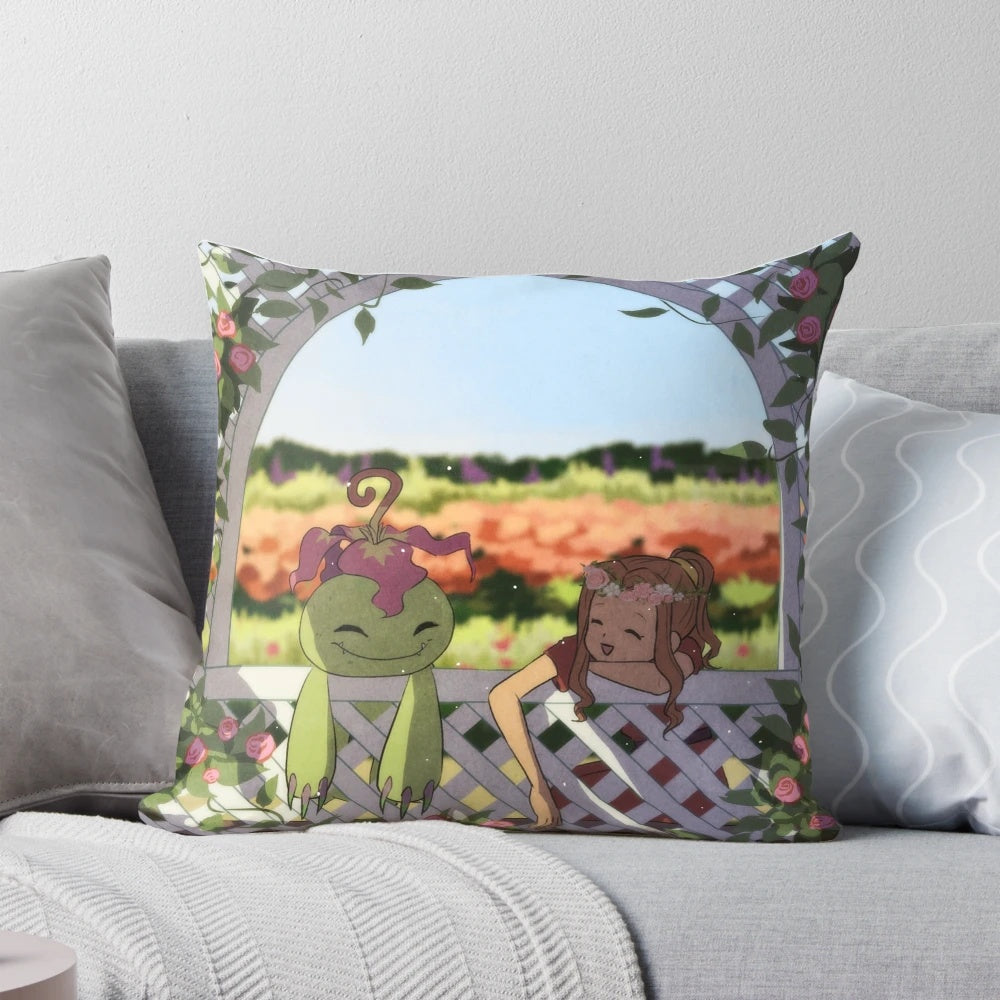 Colorful floral pillow with anime-inspired design