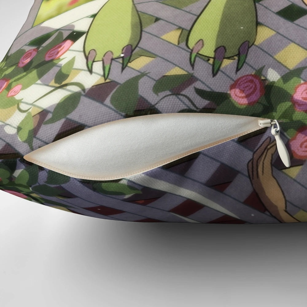 Colorful floral pillow with anime-inspired design