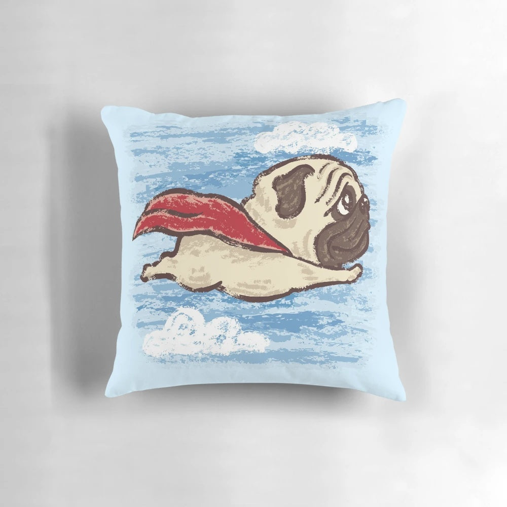 Soft, plush pillow featuring a cute, flying pug character design