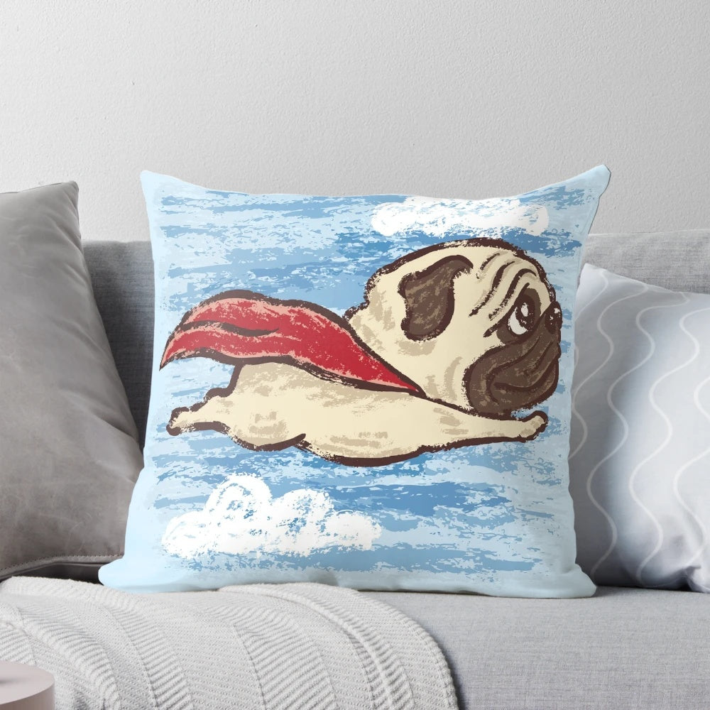 Soft, plush pillow featuring a cute, flying pug character design