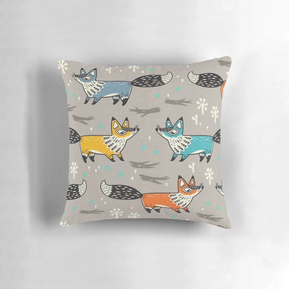 A cozy and colorful fox-themed pillow that adds a playful touch to any child's bedroom or nursery.