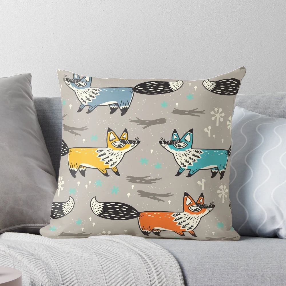 A cozy and colorful fox-themed pillow that adds a playful touch to any child's bedroom or nursery.