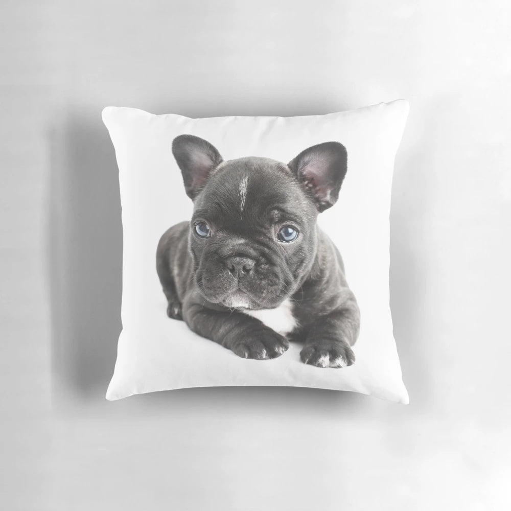 A plush, soft, and cuddly pillow featuring a French bulldog puppy design.