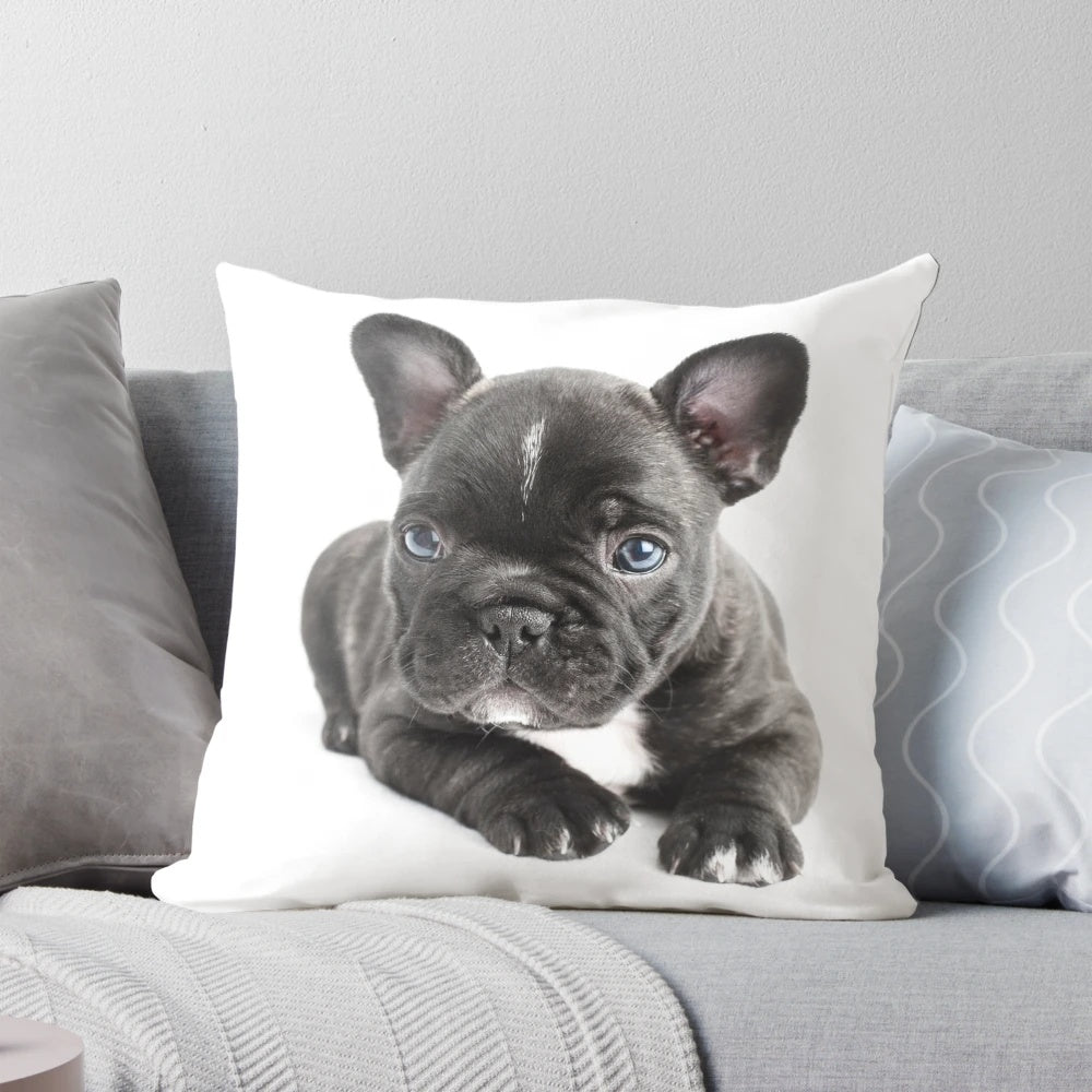 A plush, soft, and cuddly pillow featuring a French bulldog puppy design.