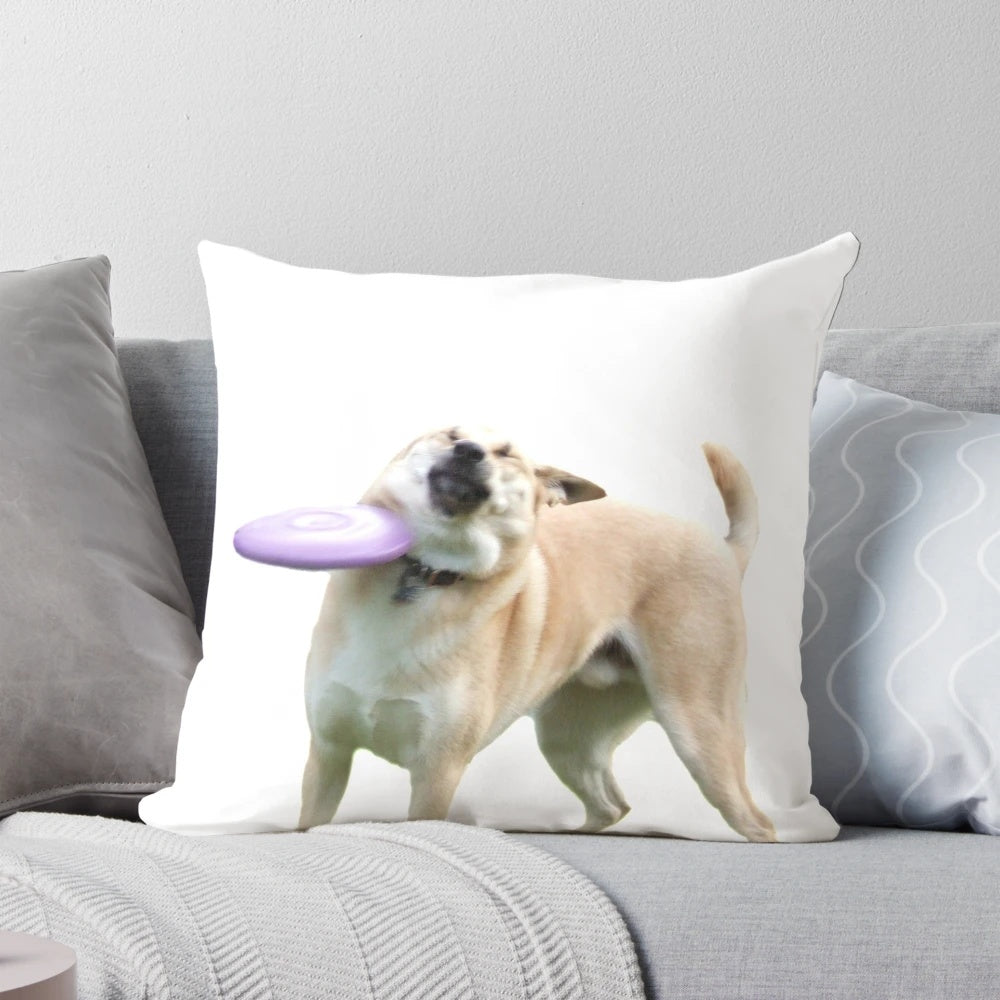 Soft, plush pillow in the shape of a frisbee with a cute corgi dog design