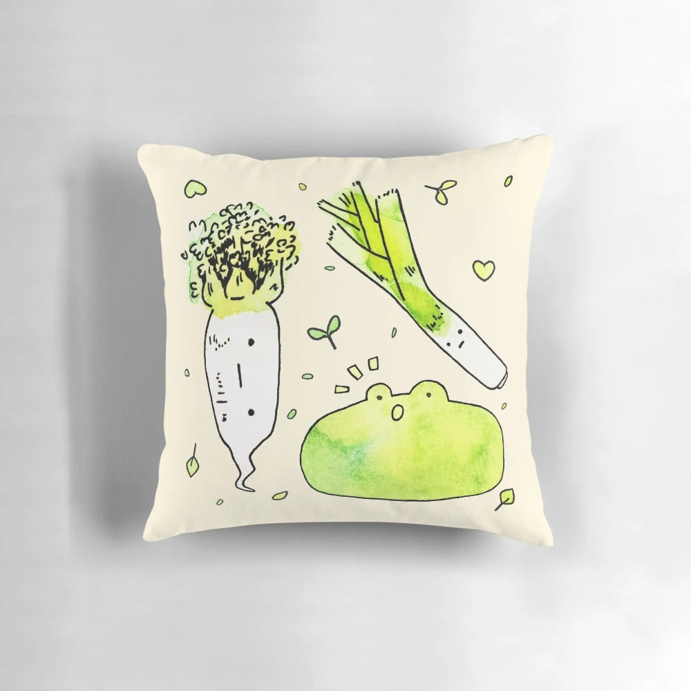 Colorful watercolor illustration of a frog surrounded by vibrant botanical veggies on a plush, comfortable pillow