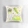 Colorful watercolor illustration of a frog surrounded by vibrant botanical veggies on a plush, comfortable pillow