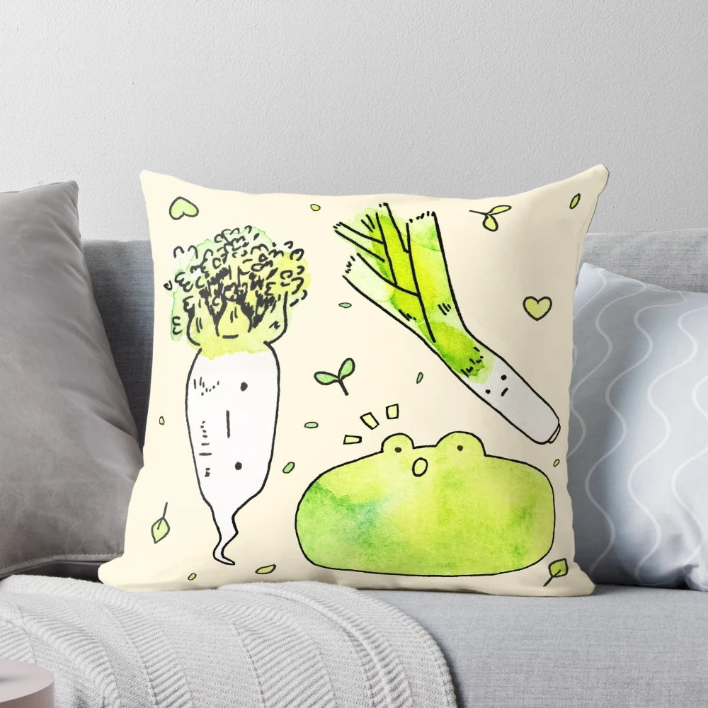 Colorful watercolor illustration of a frog surrounded by vibrant botanical veggies on a plush, comfortable pillow