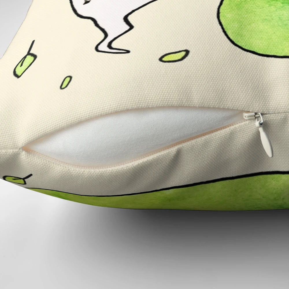 Colorful watercolor illustration of a frog surrounded by vibrant botanical veggies on a plush, comfortable pillow