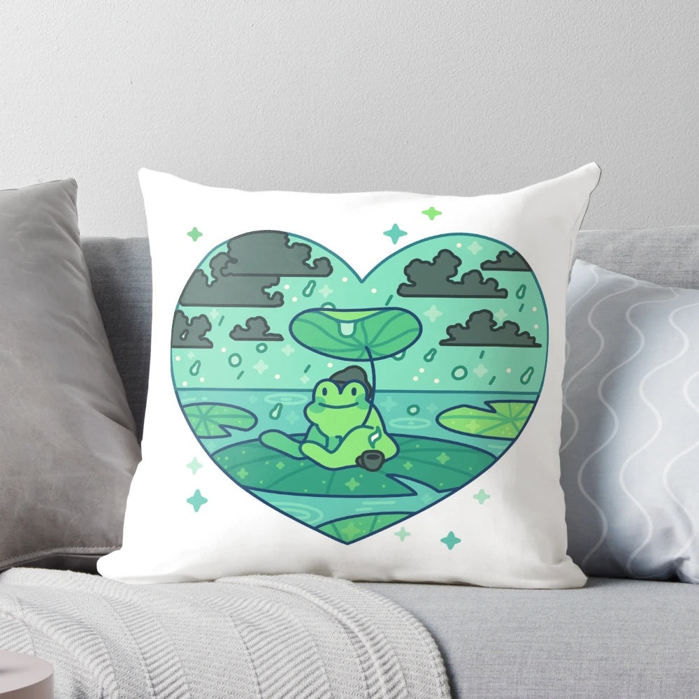 Soft and cuddly frog-themed plush pillow for a cozy, anime-inspired bedroom aesthetic