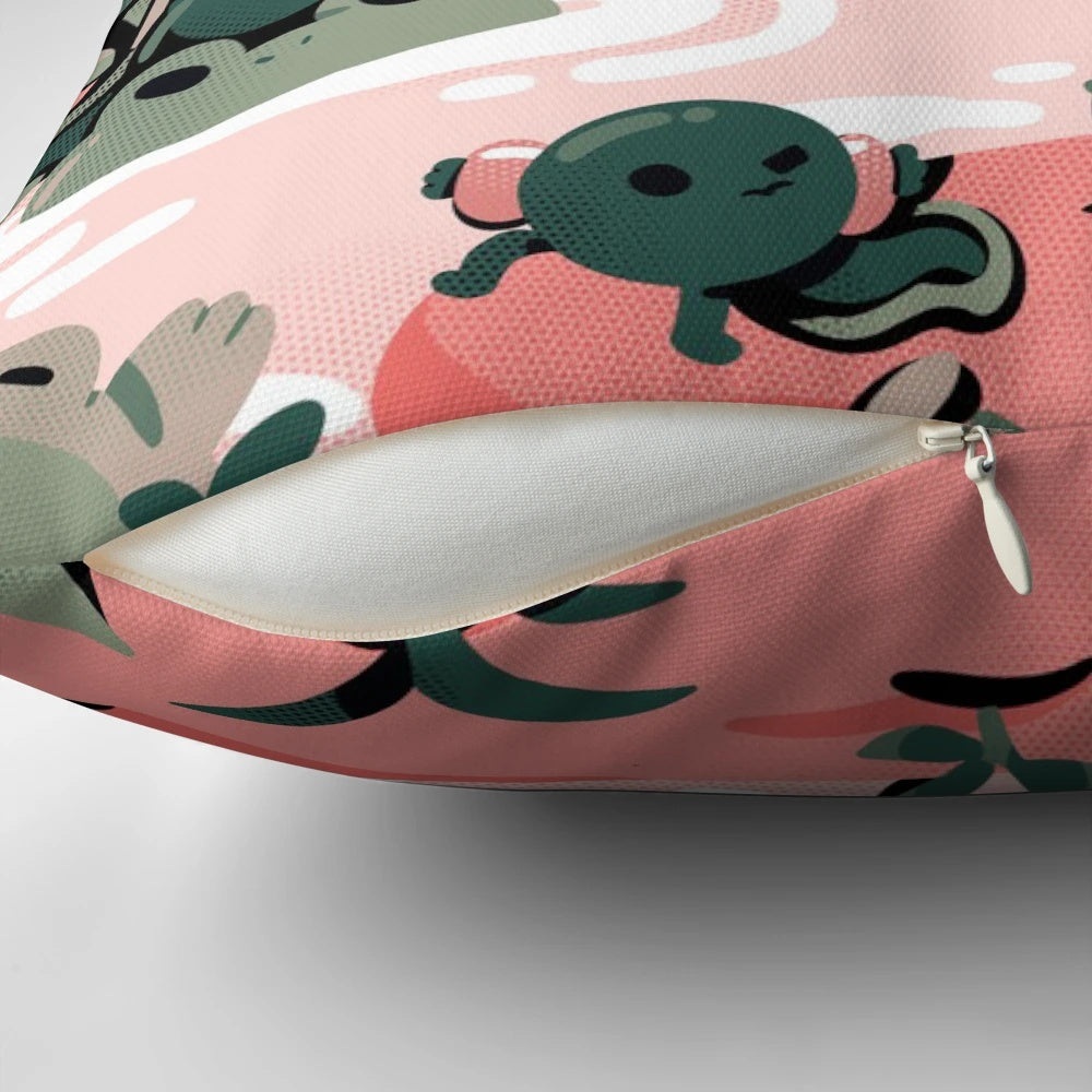 A soft, plush pillow featuring a charming illustration of a frog in a playful, nature-inspired design.