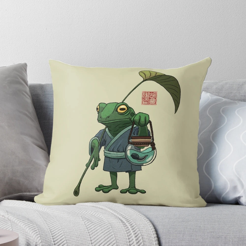 Soft, plush pillow featuring a whimsical frog design inspired by Japanese and Chinese art