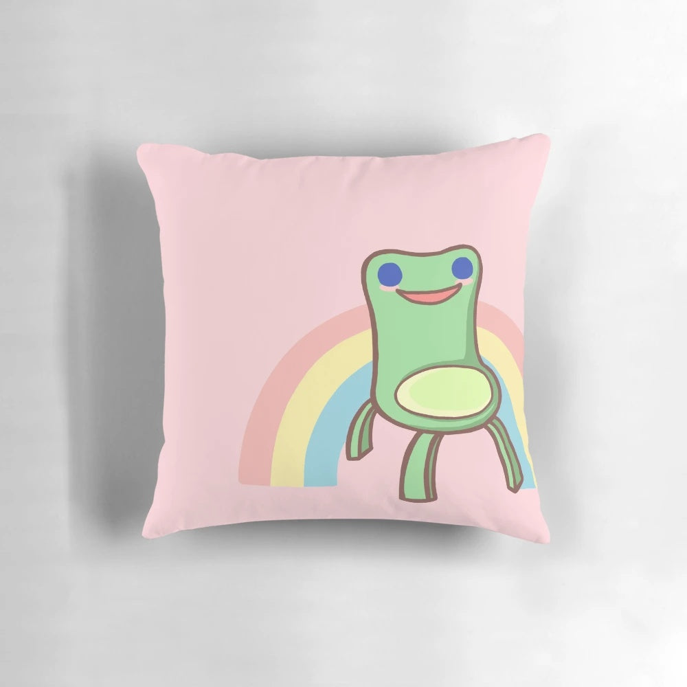 Soft, plush Froggy Chair Pillow from Animal Crossing, featuring a cute chibi frog design in pastel rainbow colors.
