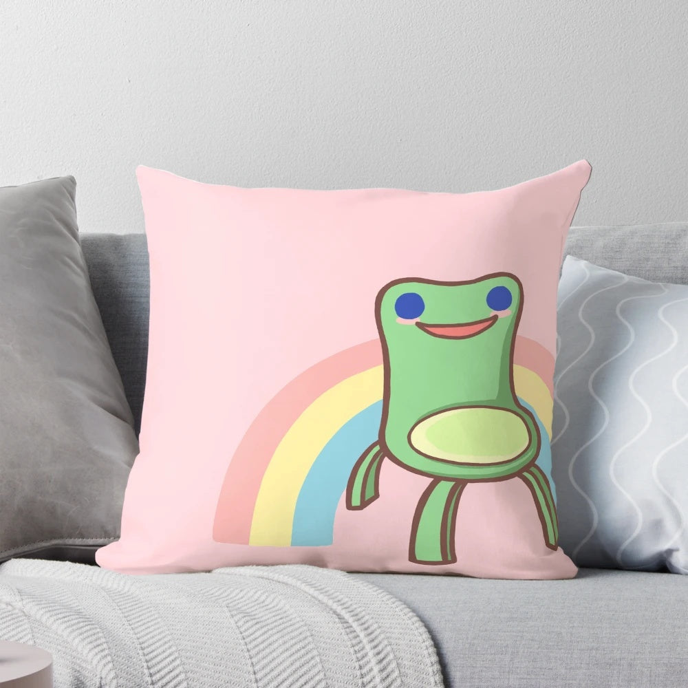 Soft, plush Froggy Chair Pillow from Animal Crossing, featuring a cute chibi frog design in pastel rainbow colors.