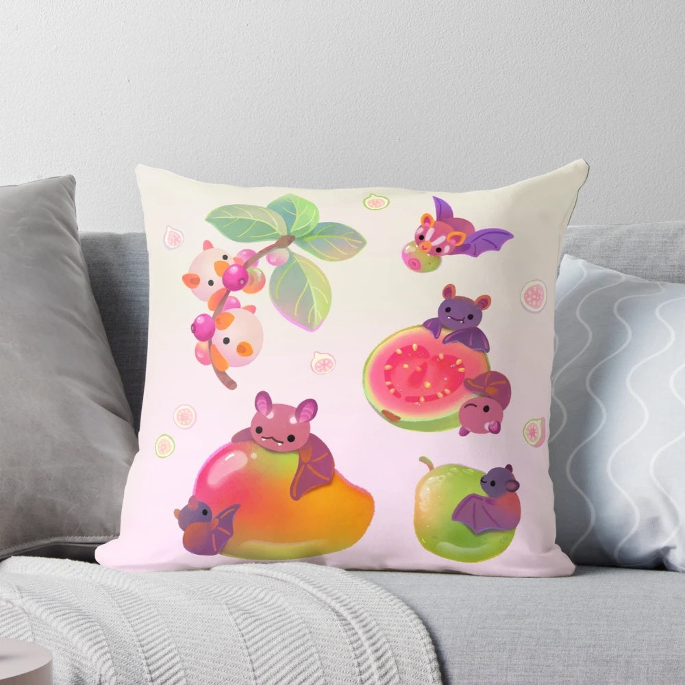 Pastel-colored pillow featuring a cute fruit bat or Honduran white bat design
