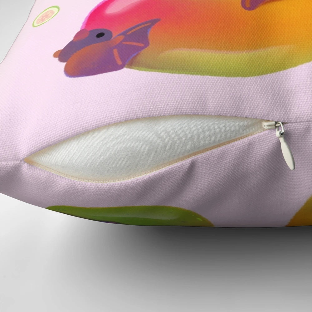 Pastel-colored pillow featuring a cute fruit bat or Honduran white bat design