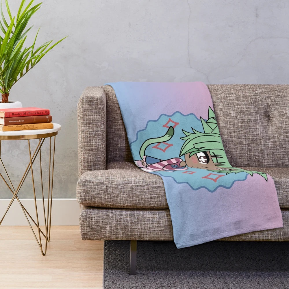 Gacha girl chibi character plush blanket with green hair and tail