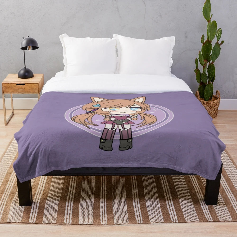 Soft and cozy plush blanket featuring a charming chibi girl character in a pastel, anime-inspired design