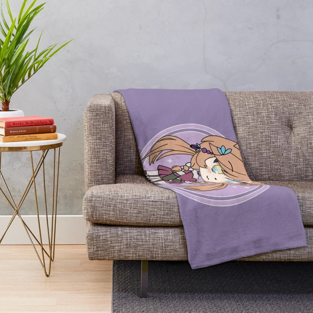 Soft and cozy plush blanket featuring a charming chibi girl character in a pastel, anime-inspired design