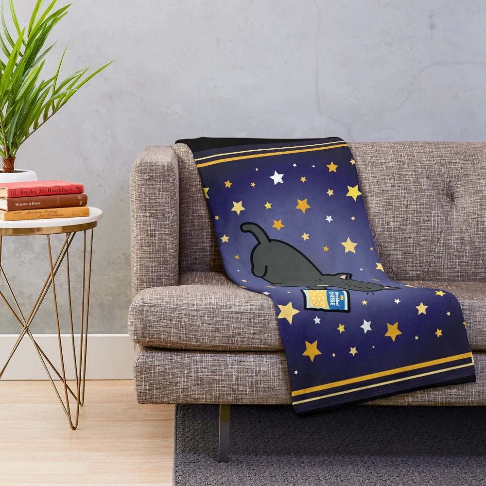 Cute black cat plush blanket with galaxy/cosmic design