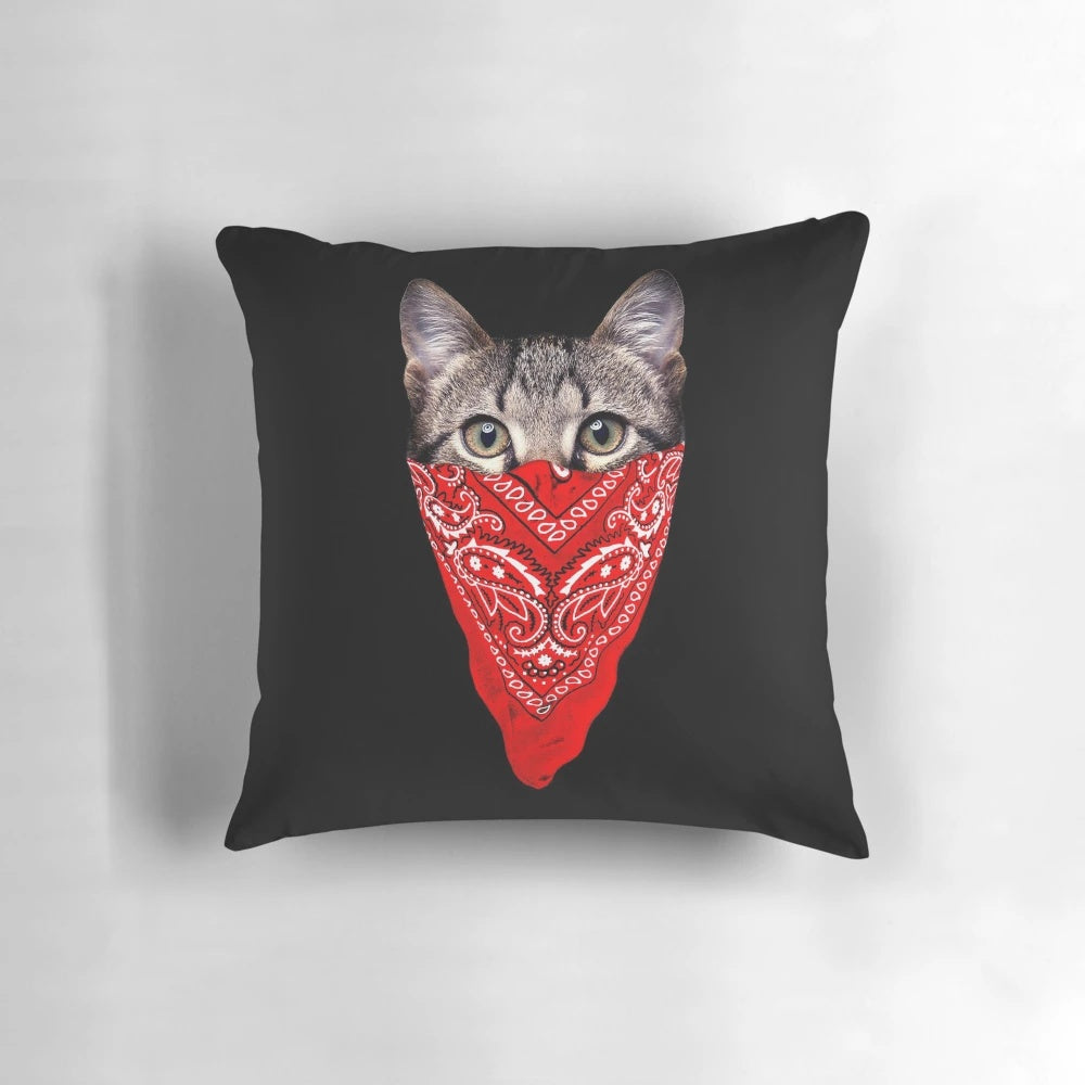 Colorful and playful gangster cat pillow with a bandana, perfect for cat lovers