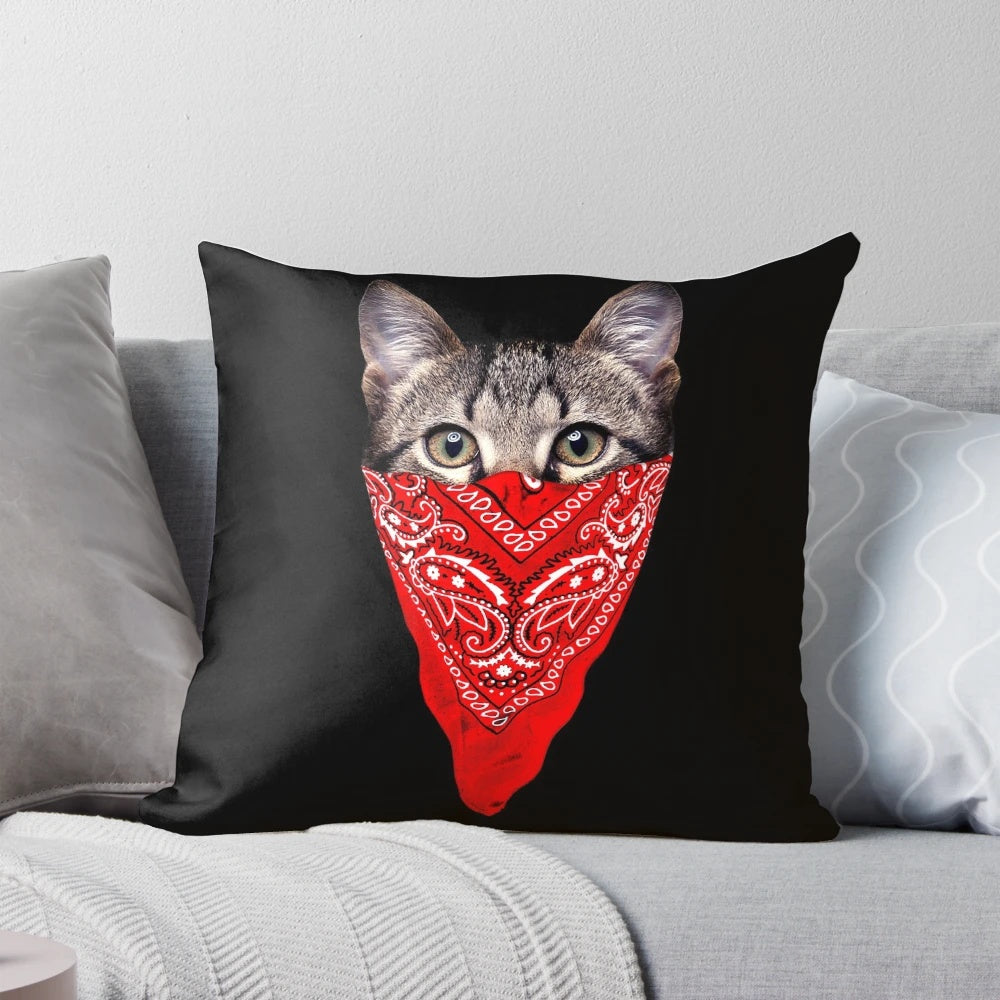 Colorful and playful gangster cat pillow with a bandana, perfect for cat lovers