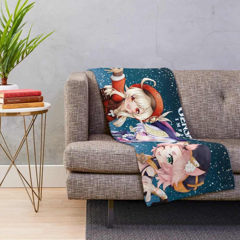 Genshin Impact-inspired plush blanket featuring Diona, Qiqi, and Klee