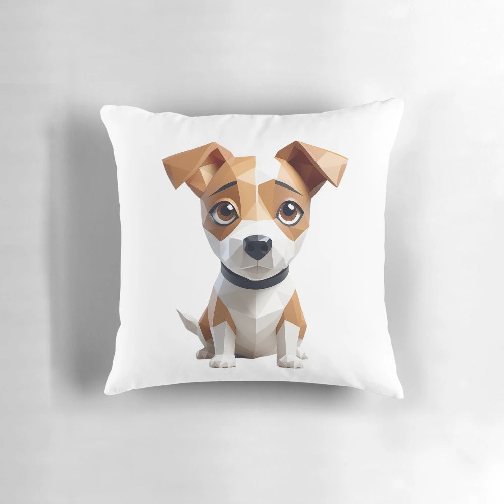 Colorful, geometric puppy illustration printed on a soft, decorative throw pillow.