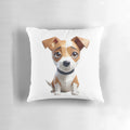 Colorful, geometric puppy illustration printed on a soft, decorative throw pillow.