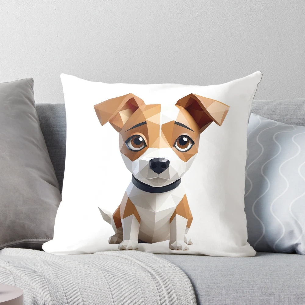 Colorful, geometric puppy illustration printed on a soft, decorative throw pillow.