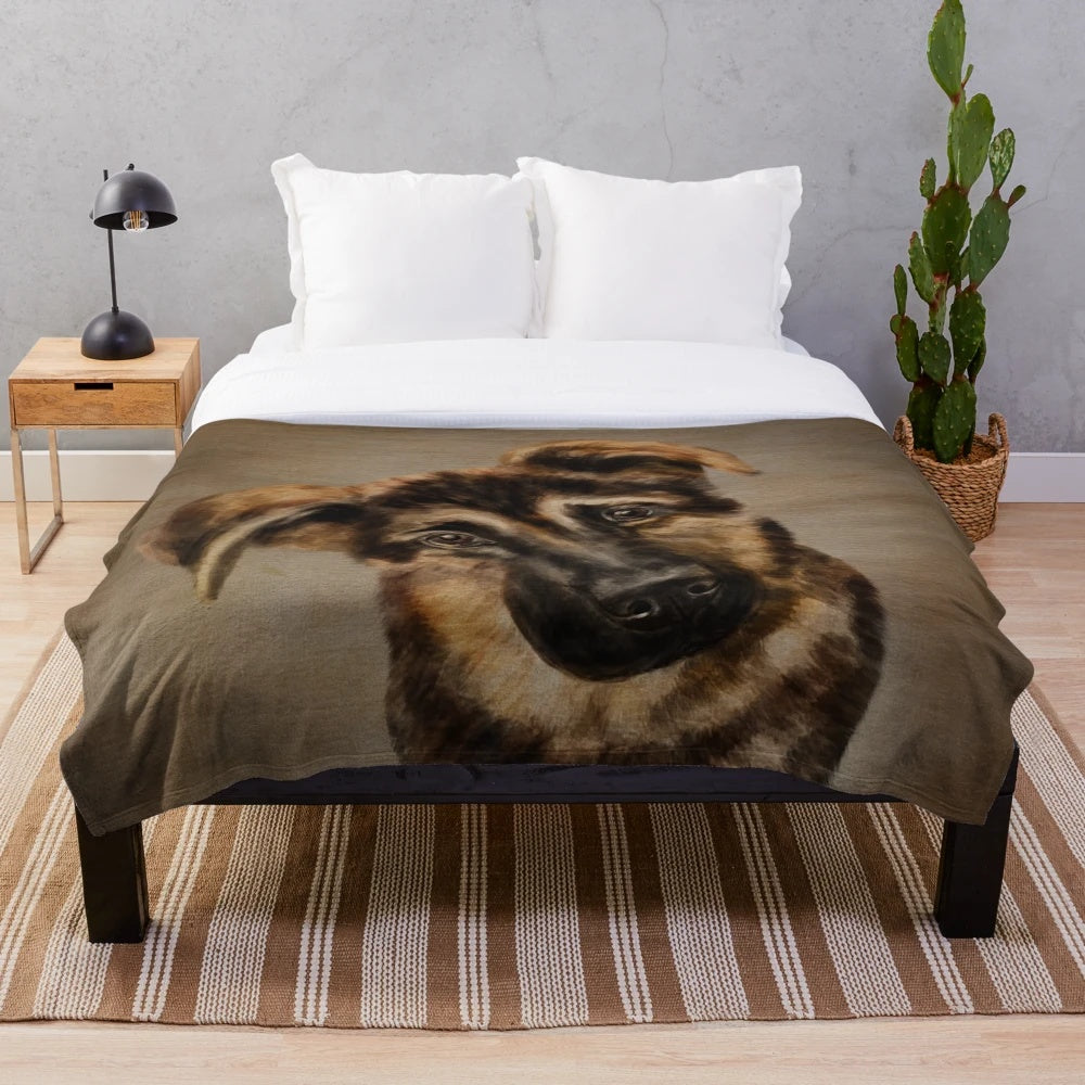 Cute German Shepherd puppy plush blanket with adorable head tilt
