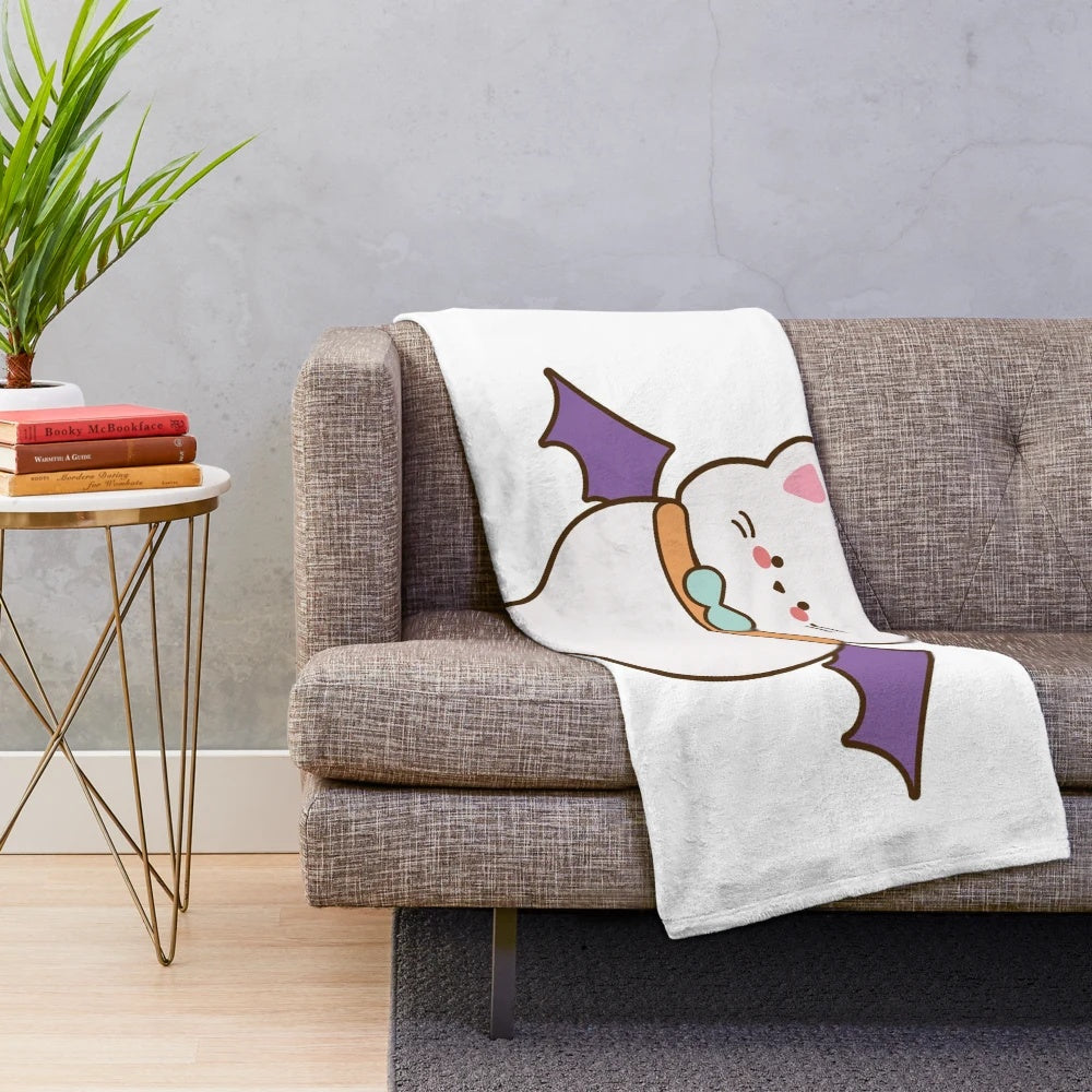 Cute ghost cat plush blanket with spooky black, white, and purple design
