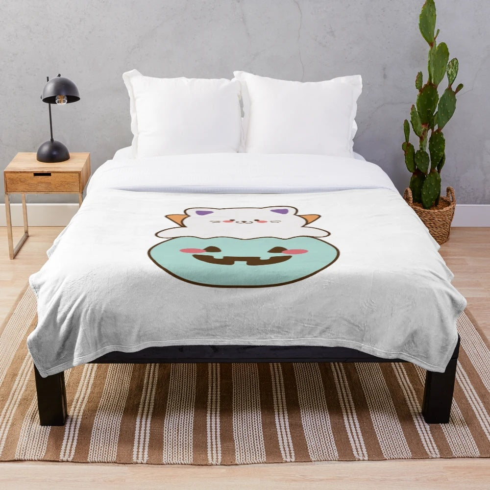 Soft and cozy ghost cat plush blanket with pumpkin design