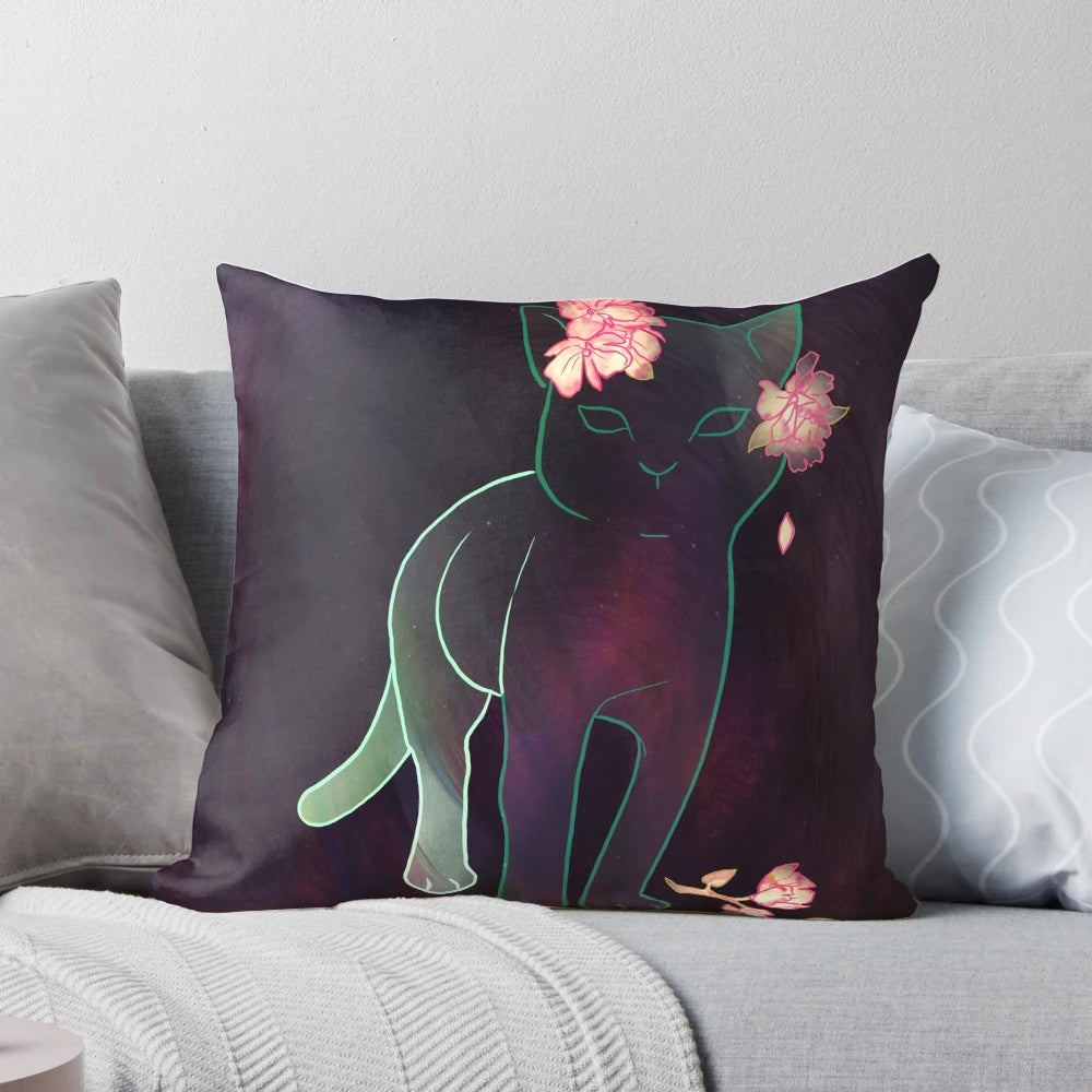 Soft, plush ghost kitten pillow with floral design, perfect for adding a touch of whimsy to your home.