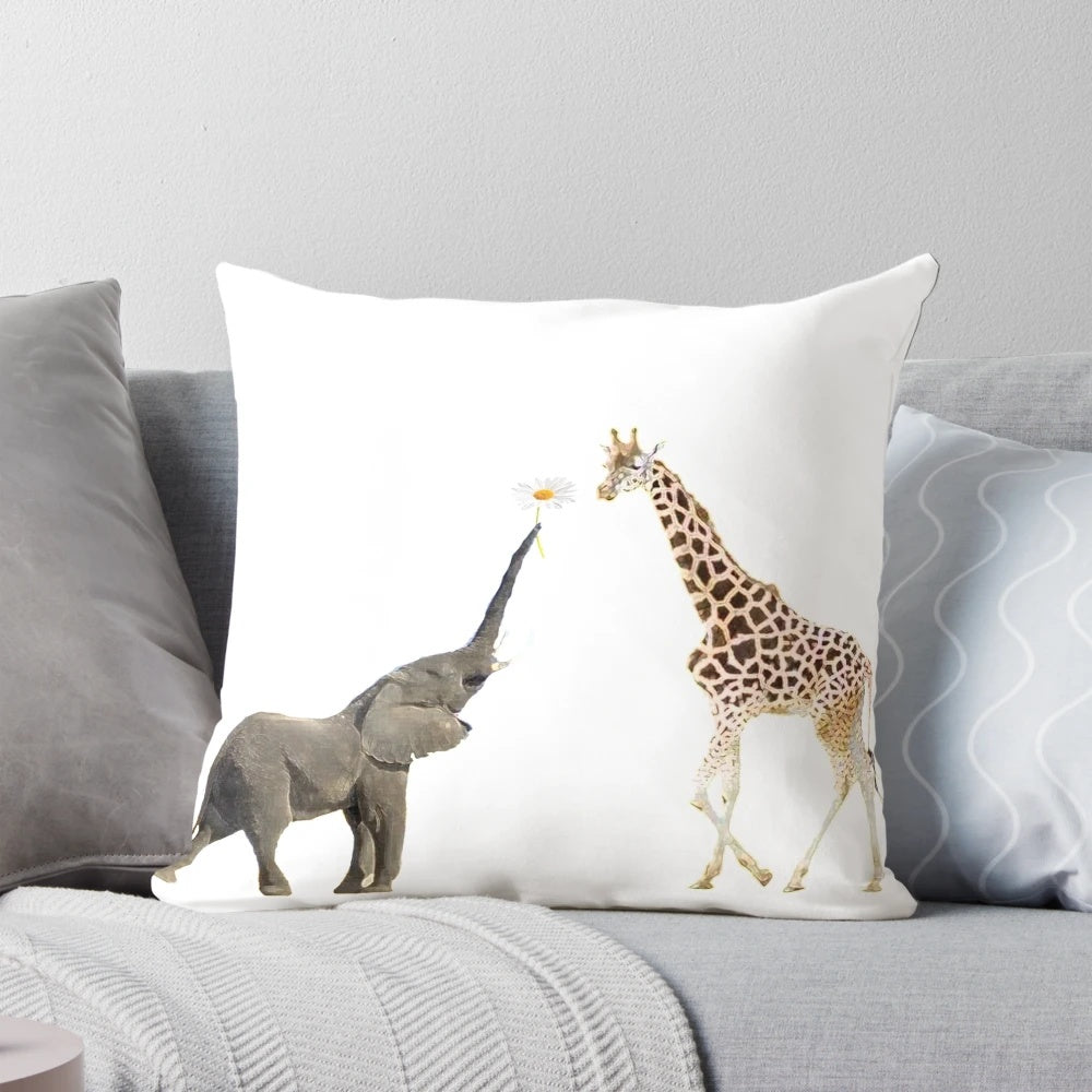 Vibrant giraffe and elephant pattern decorative pillow